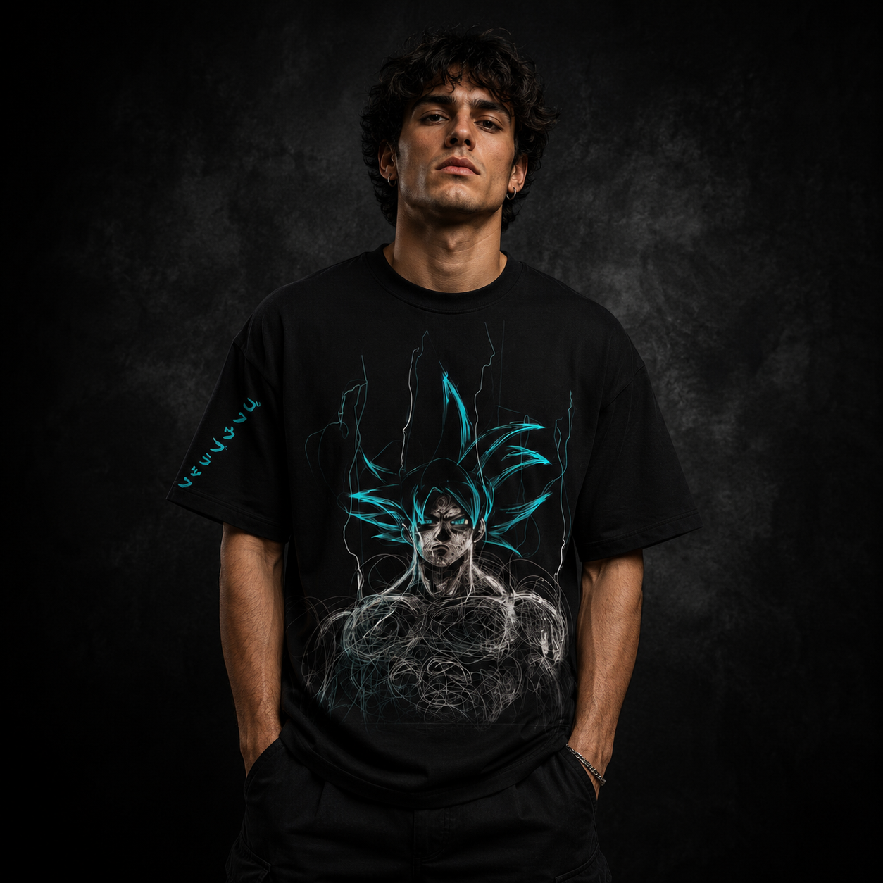 Cyan Saiyan Energy Anime Graphic T-Shirt