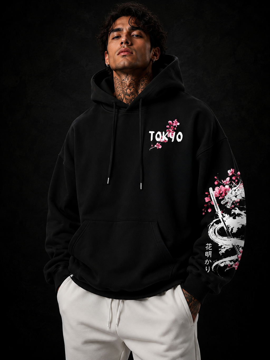 New Men's Anime Dragon Cherry Blossom Printed Hooded Sweatshirt Winter Fleece Warm Casual Street Comfort Inspired Design Hoodie