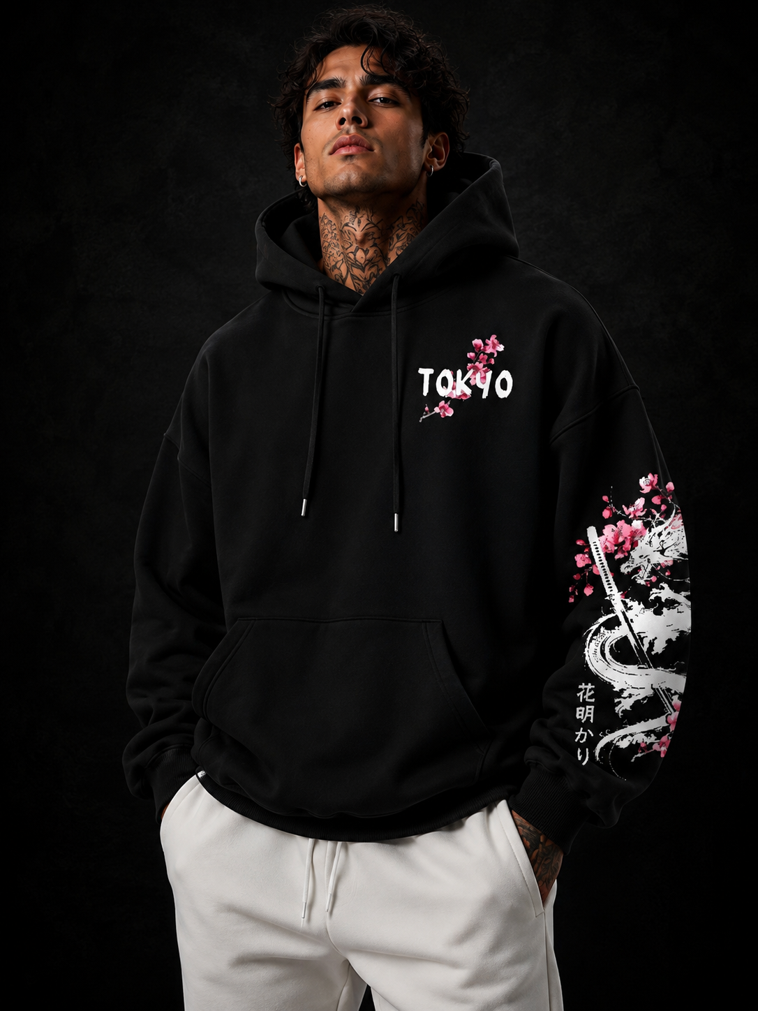 New Men's Anime Dragon Cherry Blossom Printed Hooded Sweatshirt Winter Fleece Warm Casual Street Comfort Inspired Design Hoodie