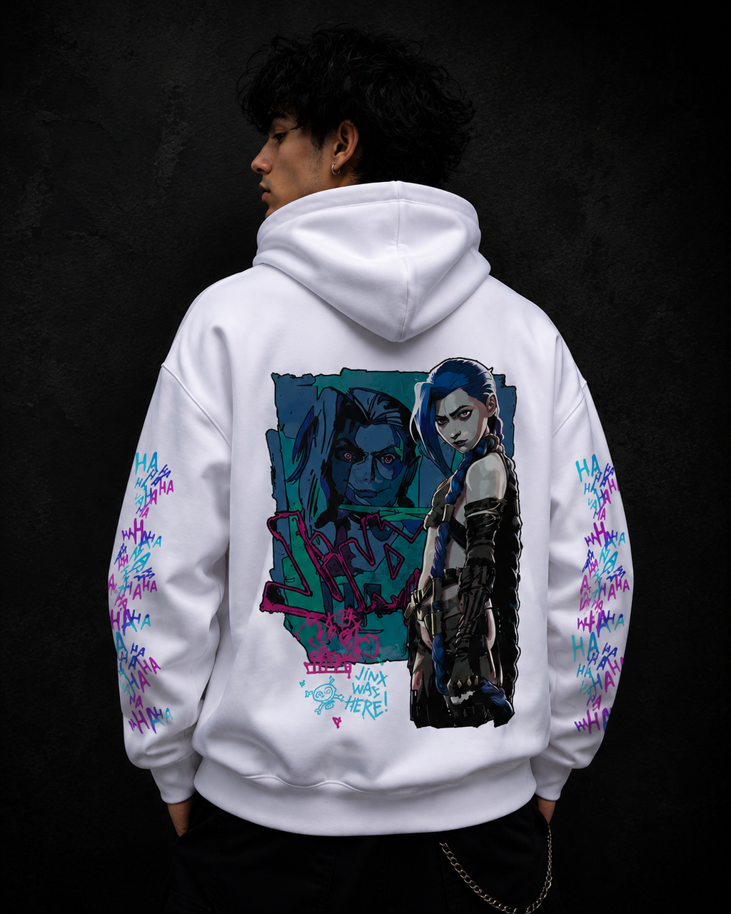 Jinx Anime Hoodie – White Cyberpunk Graphic Hoodie | Anime Streetwear Pullover