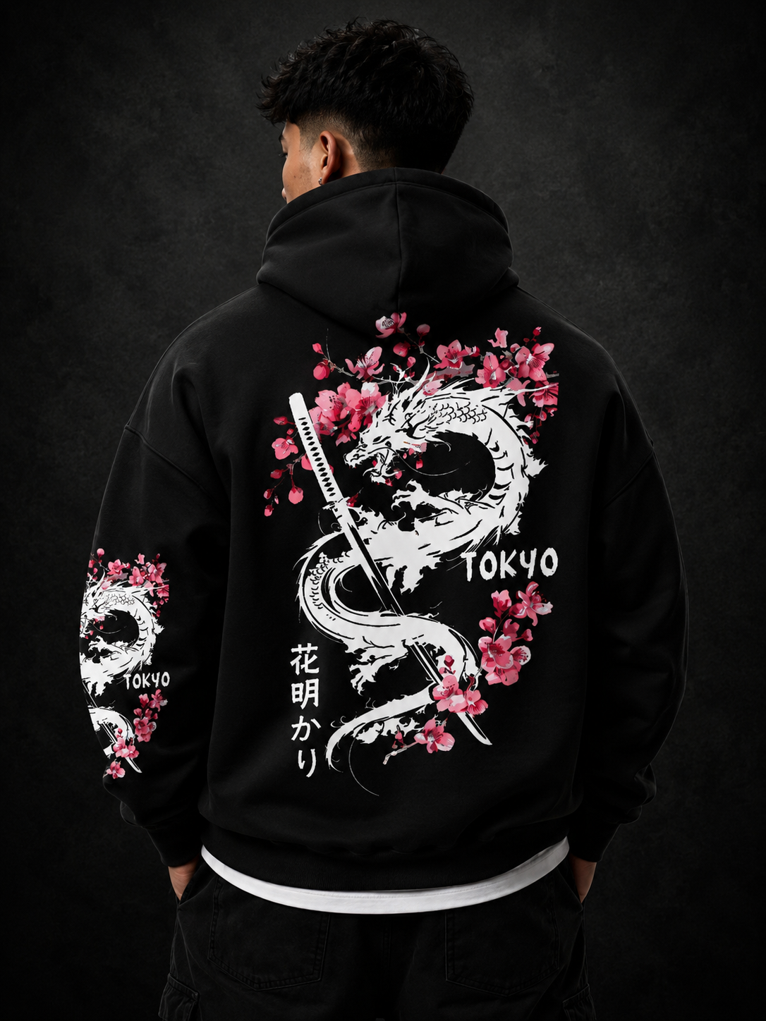 New Men's Anime Dragon Cherry Blossom Printed Hooded Sweatshirt Winter Fleece Warm Casual Street Comfort Inspired Design Hoodie