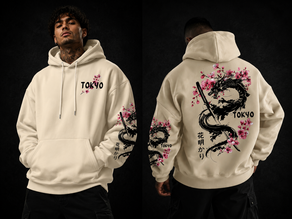 New Men's Anime Dragon Cherry Blossom Printed Hooded Sweatshirt Winter Fleece Warm Casual Street Comfort Inspired Design Hoodie