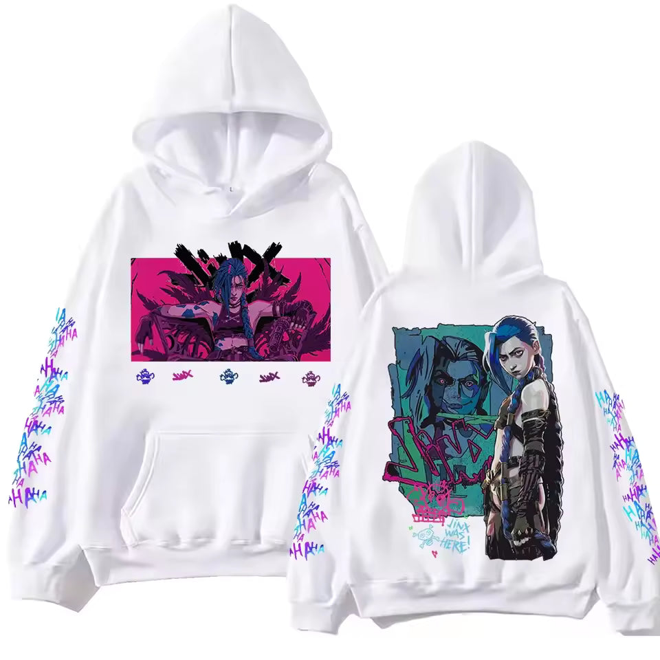 Jinx Anime Hoodie – White Cyberpunk Graphic Hoodie | Anime Streetwear Pullover