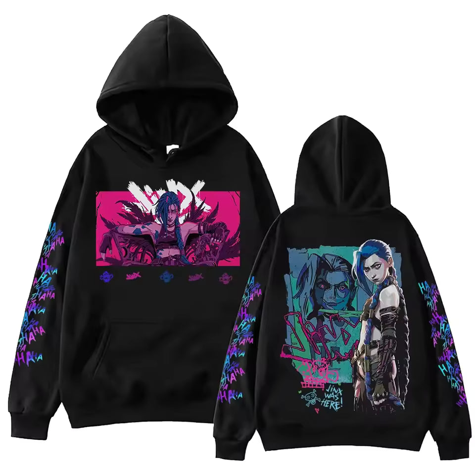 Jinx Anime Hoodie – White Cyberpunk Graphic Hoodie | Anime Streetwear Pullover