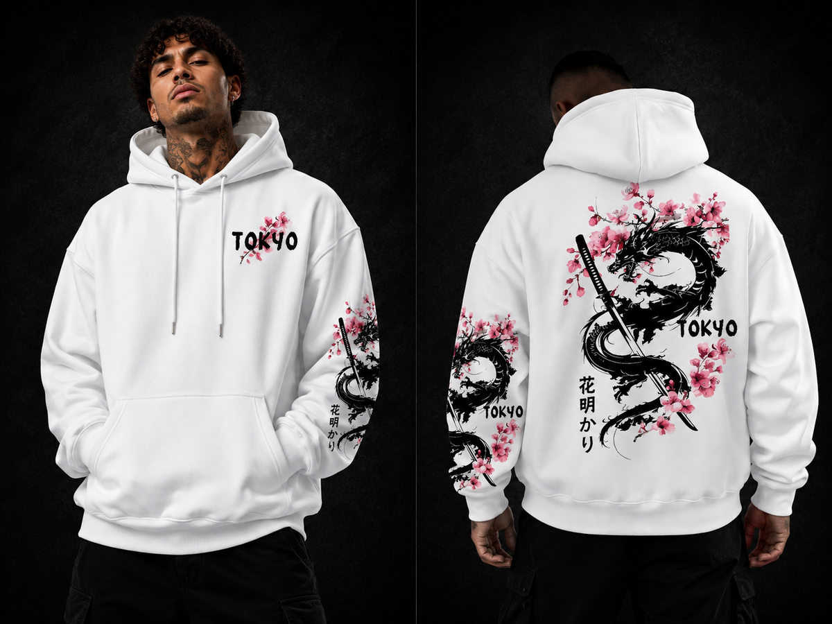 New Men's Anime Dragon Cherry Blossom Printed Hooded Sweatshirt Winter Fleece Warm Casual Street Comfort Inspired Design Hoodie
