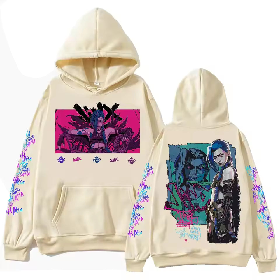 Jinx Anime Hoodie – White Cyberpunk Graphic Hoodie | Anime Streetwear Pullover