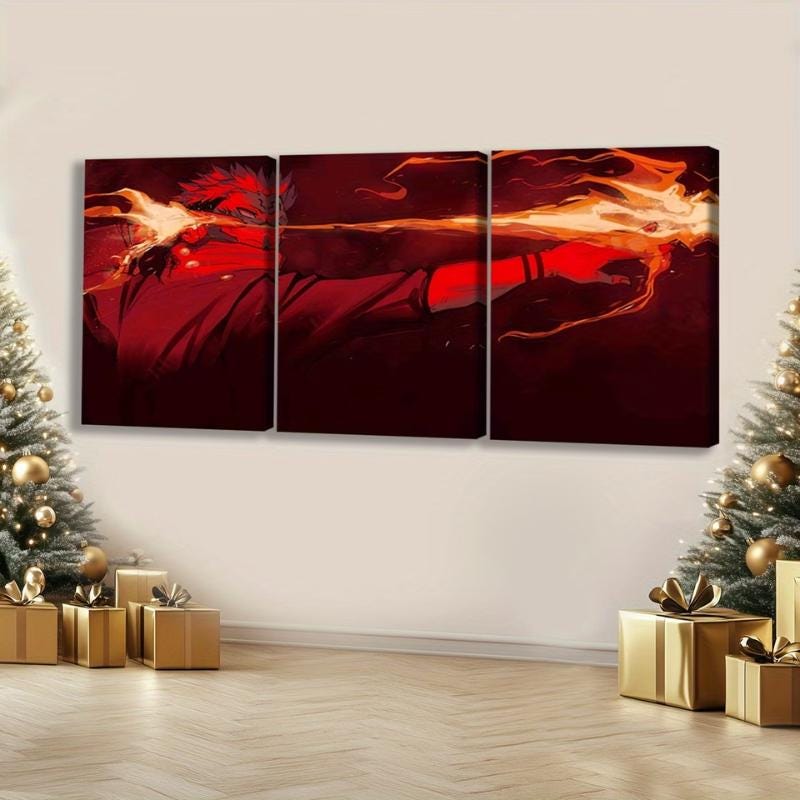 3pcs Wooden Framed Canvas Wall Art - Japanese Anime Ryomen Sukuna Vibrant Retro Abstract Art